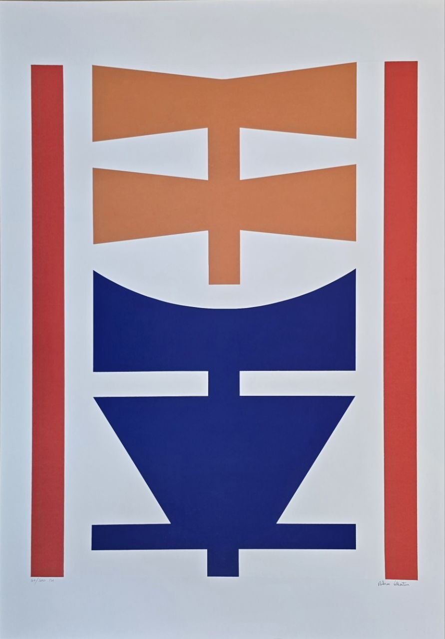 Gravura assinada Abstrato laranja e azul Rubem Valentim 67/100 100x70