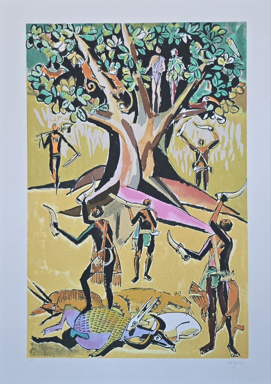 Gravura assinada (homens trabalhando embaixo da arvore verde com animais) Carybe PI 50 x 70