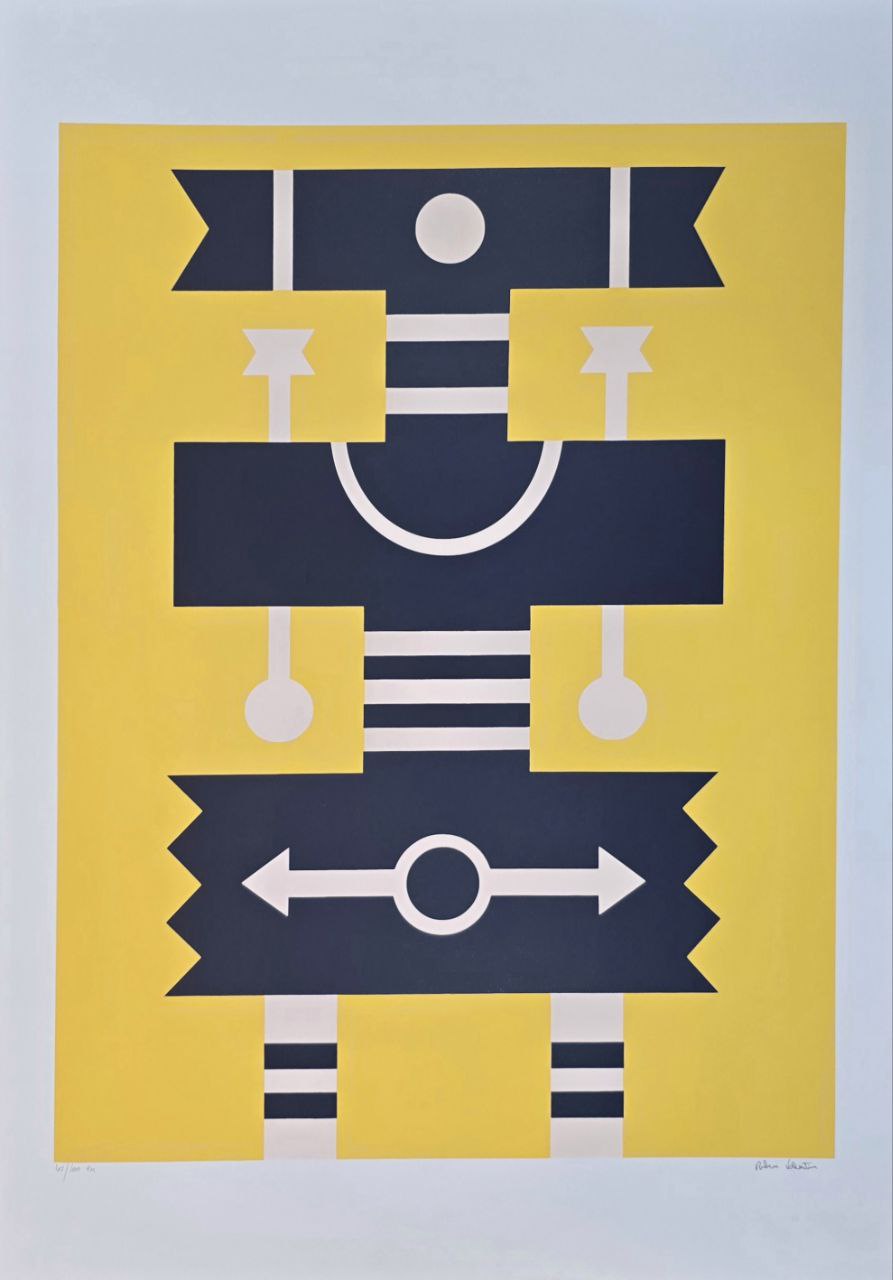 Gravura assinada abstrato azul, branco e fundo amarelo Rubem Valentim 65/100 100 x 70