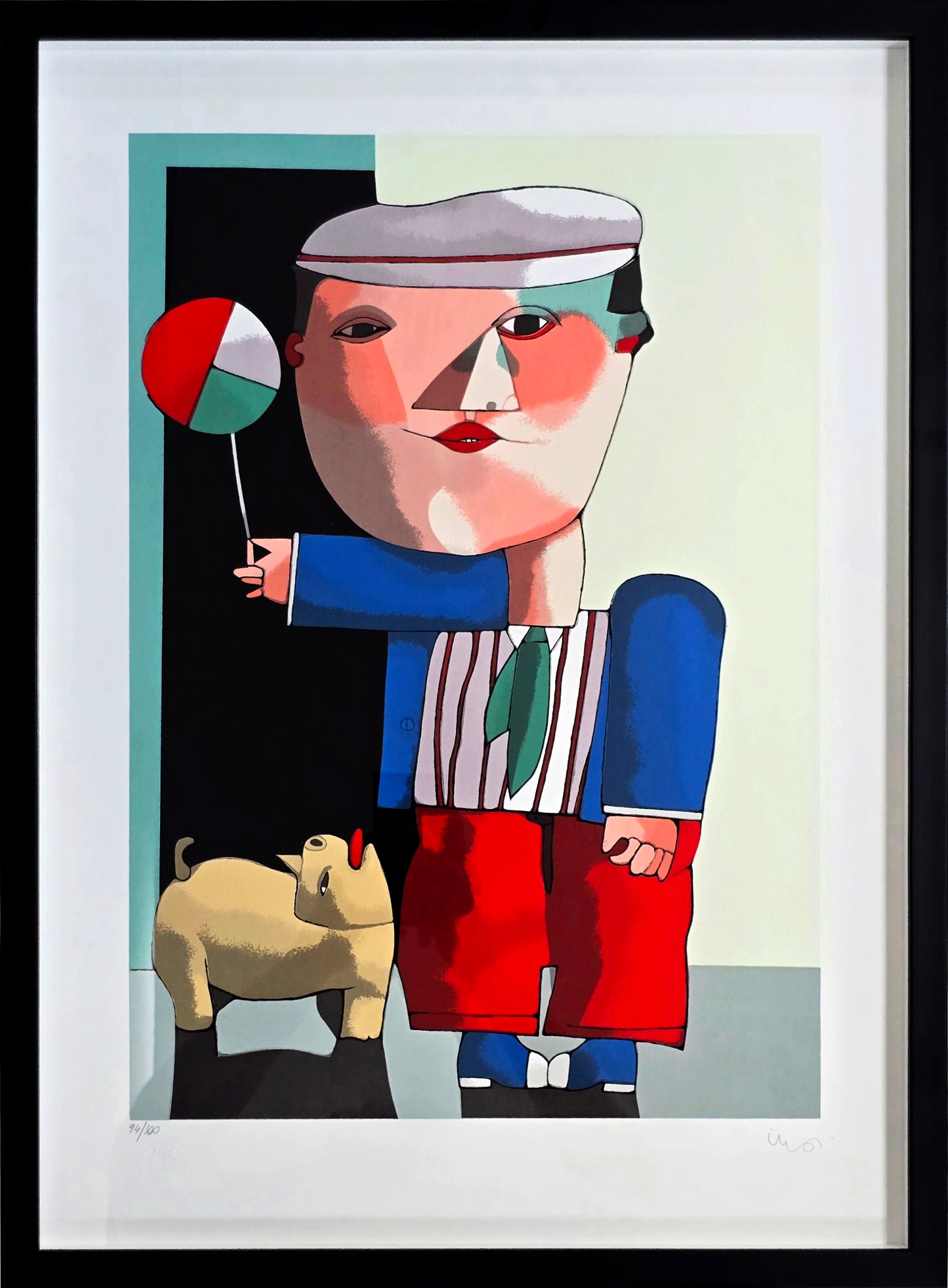 Quadro pronto com gravura assinada Inos Corradin - Homem com balão 51x69,5 94/100