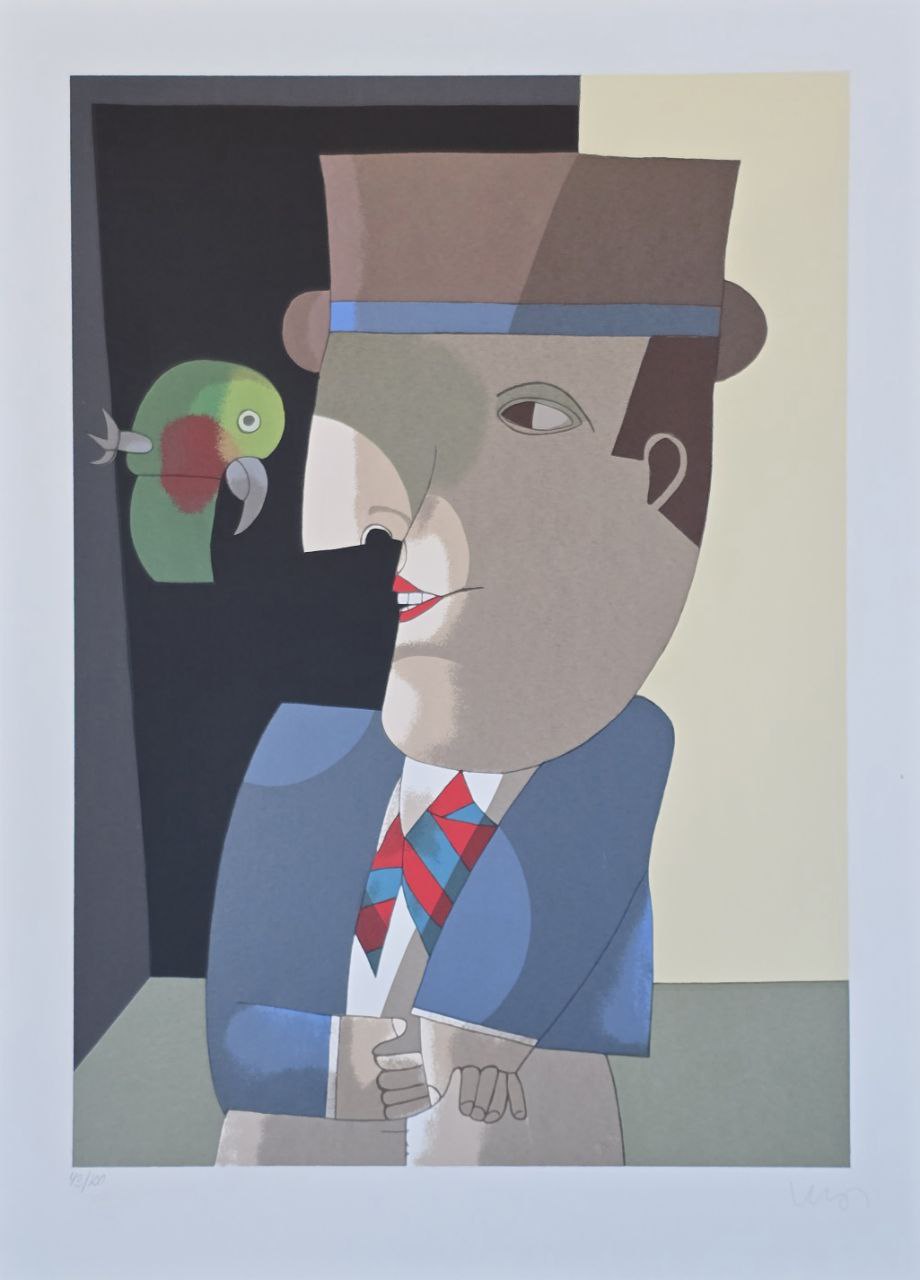 Gravura assinada  Abstrato Homem com papagaio Inos Corradin 43/100 66x48