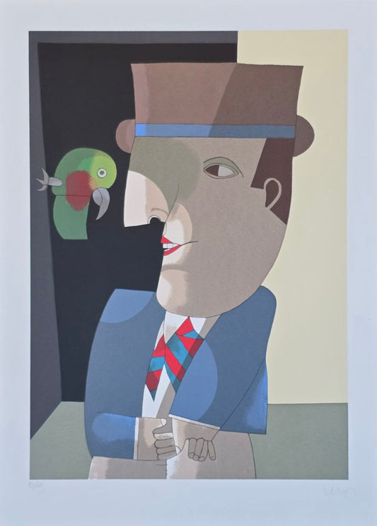 Gravura assinada  Abstrato Homem com papagaio Inos Corradin 43/100 66x48