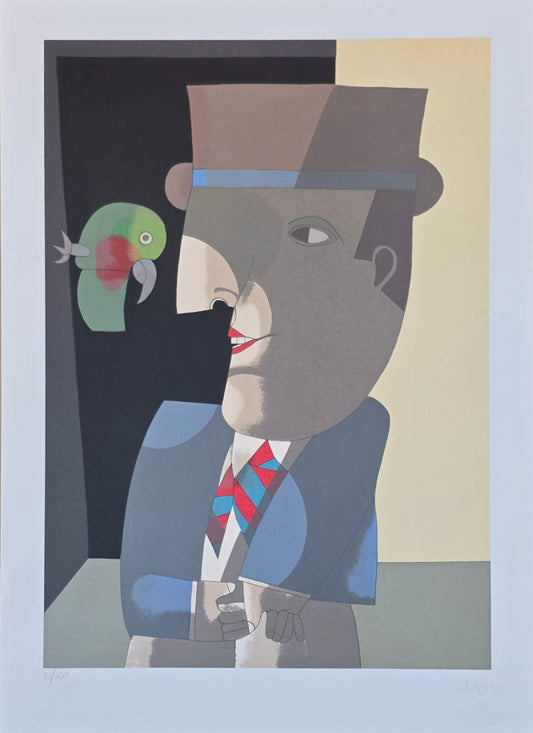 Gravura assinada  Abstrato Homem com papagaio Inos Corradin 85/100 66x48