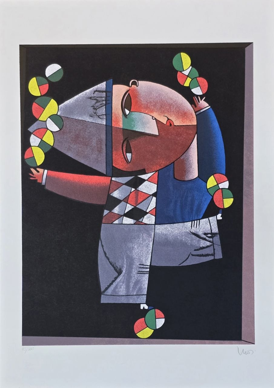 Gravura assinada  Abstrato palhaço malabarista Inos Corradin 45/100 66x48