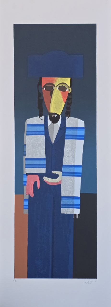 Gravura assinada homem com cachecol branco e azul  Inos Corradin PA 100x36