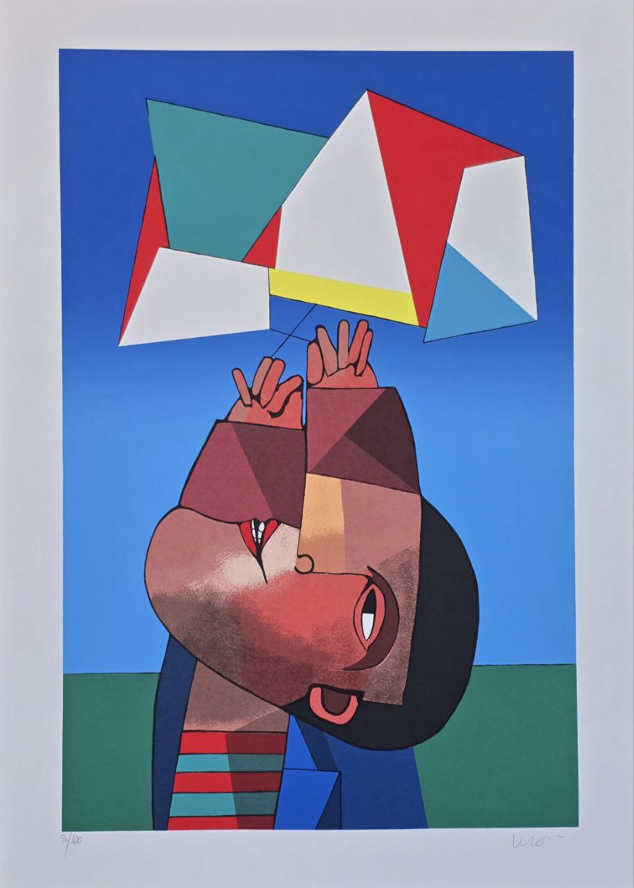 Gravura assinada  Homem soltando pipa  Inos Corradin 90/100 70x50