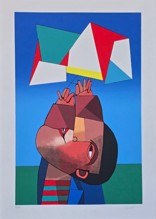 Gravura assinada  Homem soltando pipa  Inos Corradin 90/100 70x50