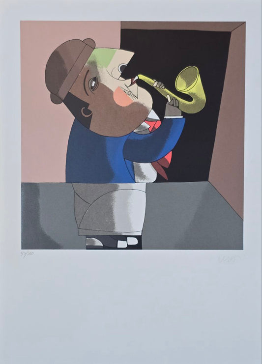 Gravura assinada  Homem tocando saxofone Inos Corradin 47/100 66x48