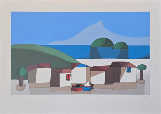 Gravura assinada Duas ilhas barco e casas Inos Corradin PA 70x90