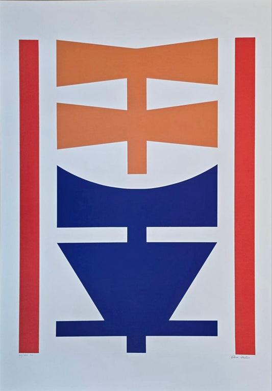 Gravura assinada Abstrato laranja e azul Rubem Valentim 67/100 100x70