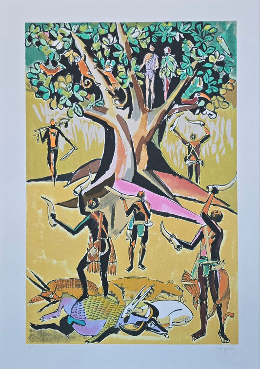 Gravura assinada (homens trabalhando embaixo da arvore verde com animais)  Carybe PI  50 x 70
