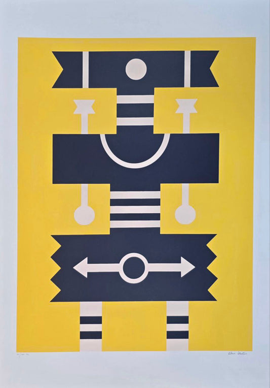 Gravura assinada abstrato azul, branco e fundo amarelo Rubem Valentim  65/100 100 x 70