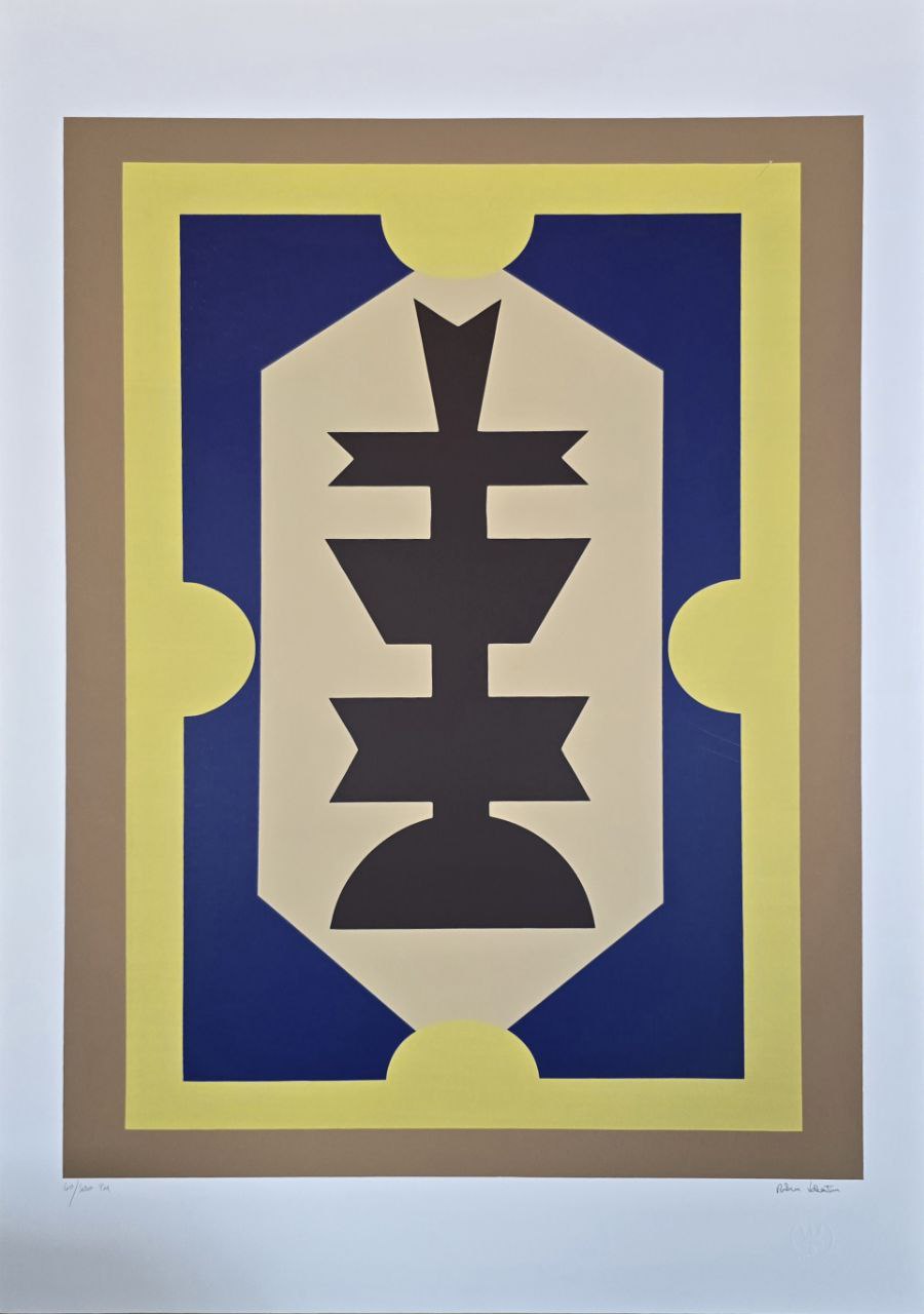 Gravura assinada abstrato azul, marrom e fundo amarelo Rubem Valentim  60/100PM 100 x 70