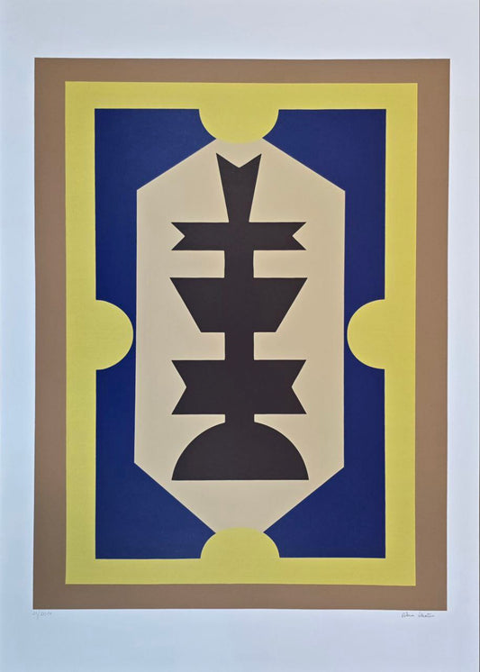 Gravura assinada abstrato azul, marrom e fundo amarelo Rubem Valentim  21/100PM 100 x 70