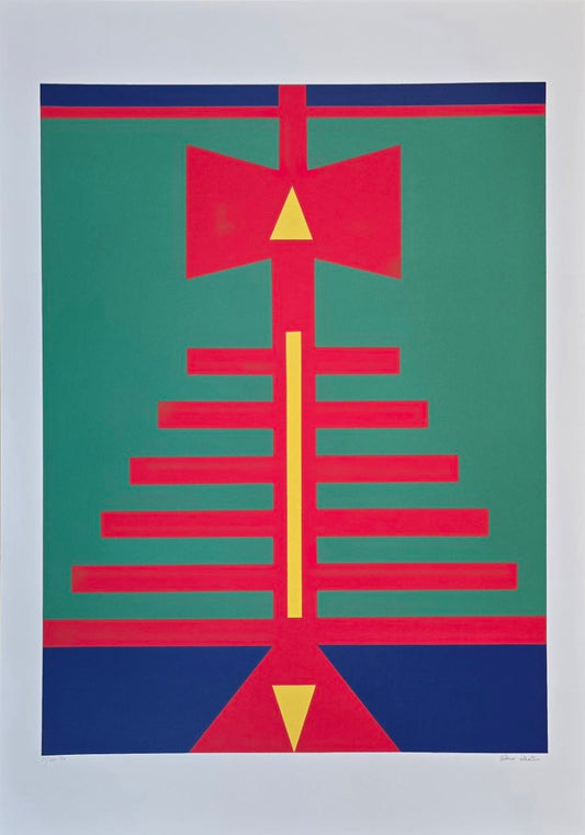 Gravura assinada abstrato azul, verde e vermelho  Rubem Valentim  25/100PM  100 x 70