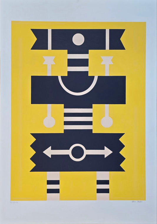 Gravura assinada abstrato azul, branco e fundo amarelo Rubem Valentim  PE17/22PM 100 x 70