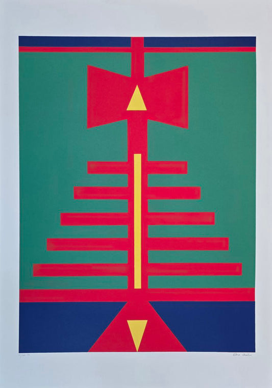 Gravura assinada abstrato azul, verde e vermelho  Rubem Valentim  75/100PM  100 x 70