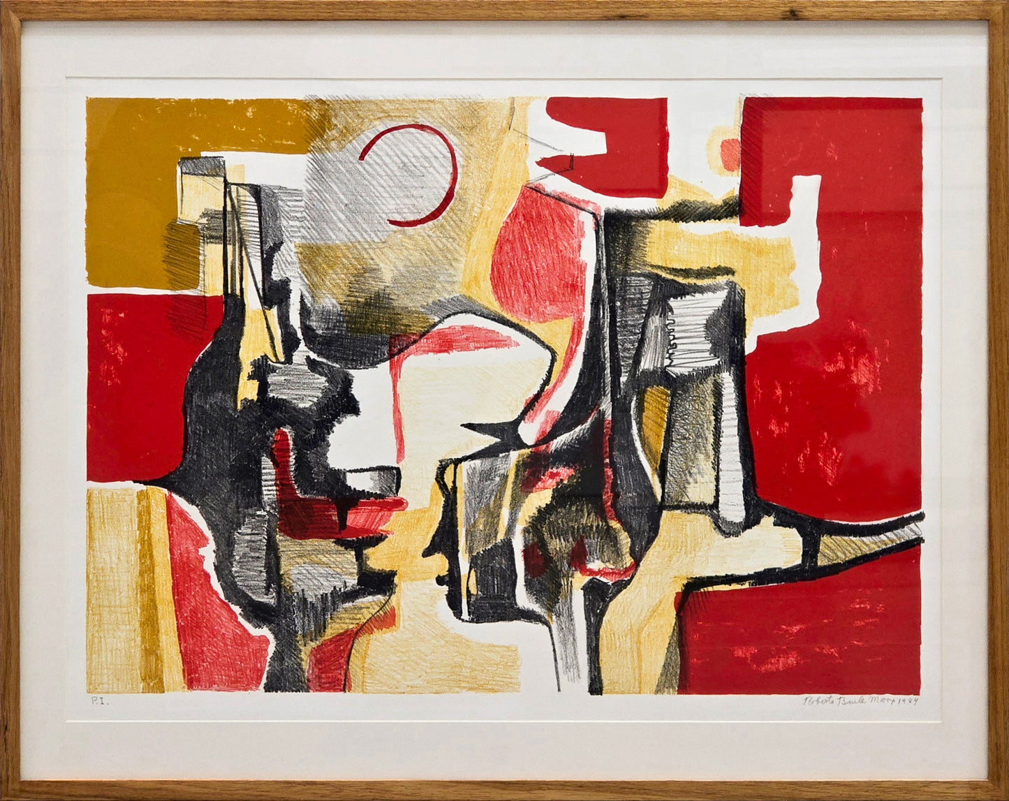 Quadro pronto com gravura assinada original vermelho Burle Marx 61x79 PI