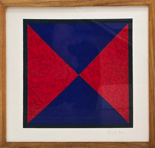 Quadro pronto com gravura assinada Gonçalo Ivo  triangulos azul e vermelho 36,5x35  3/50